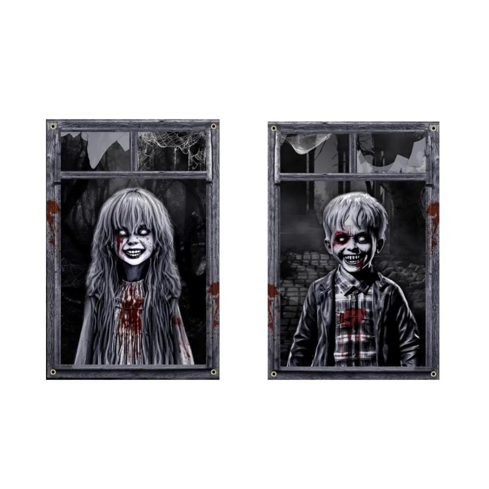 2PCS 2D Flat Scary Halloween Window Cover Super Terrifying Blood-Themed Scary Halloween Backdrops Polyester Fiber
