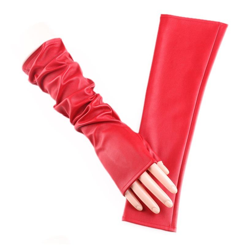 

Женские удлиненные кожаные перчатки для ночного клуба, модный дизайн с мехом, для танцевальных выступлений, кожаные кожаные перчатки One Size красный