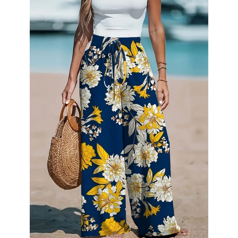 High Waist Slimming Print Floor Length Wide Leg Pants Seaside Vacation Style Loose Fit Casual Comfortable Women's Fashion