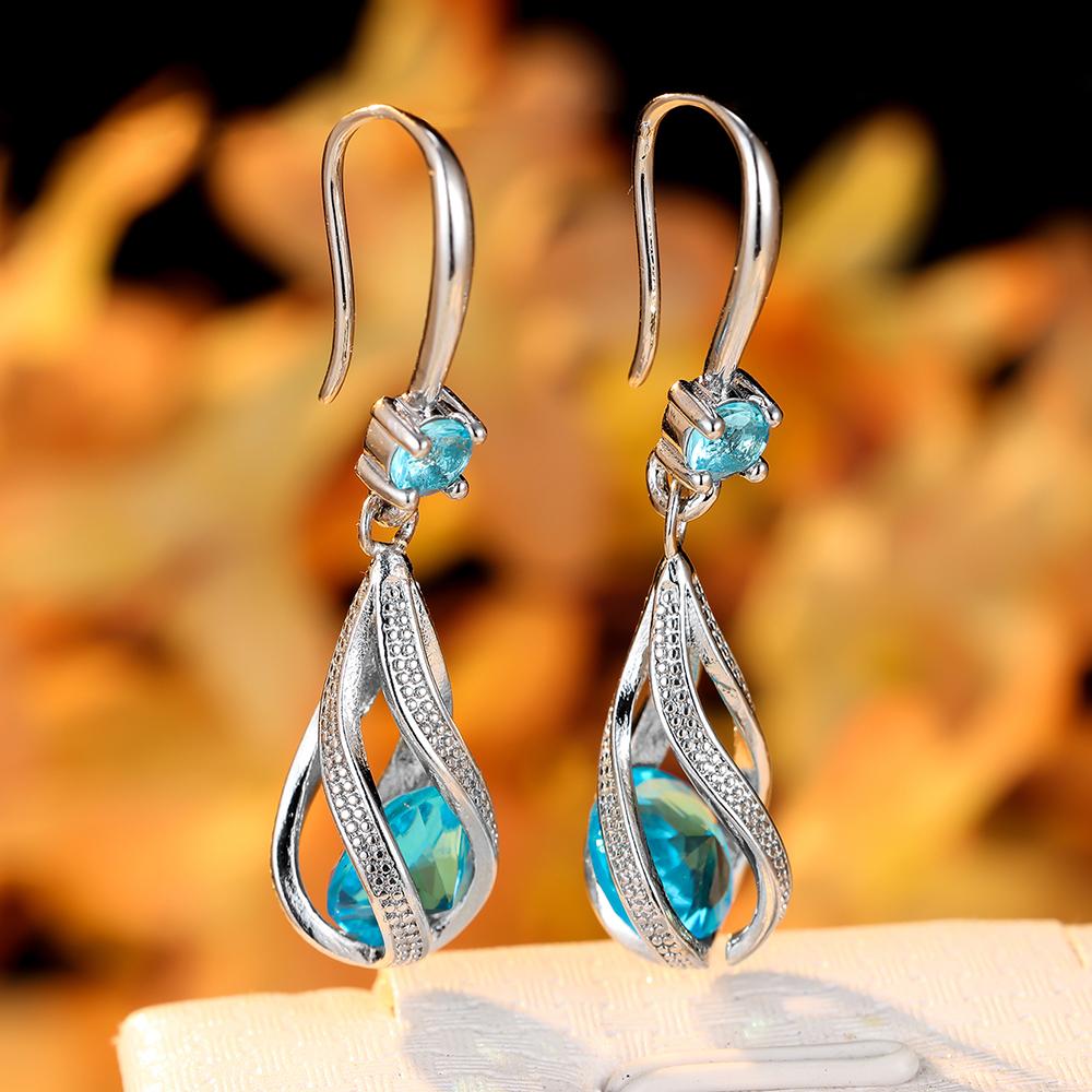 

1 пара сережек-капель с круглыми подвесками из белого, аквамаринового, розового, красного, фиолетового циркония, полые серьги-капельки с застежкой-крючком, романтический подарок на День святого Валентина аква голубой/серебряный