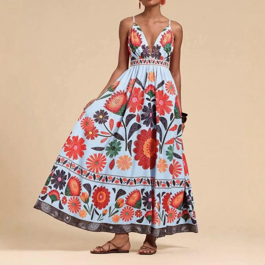 Women's V Neck Sleeveless A Line Dress Slim Fit Mid Rise Boho Floral Print Spaghetti Strap Maxi Dress