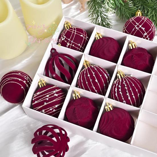 12Pcs Velvet Christmas Balls Decorative Plastic Ornaments Holiday Tree Decoration for Christmas Weddings Parties