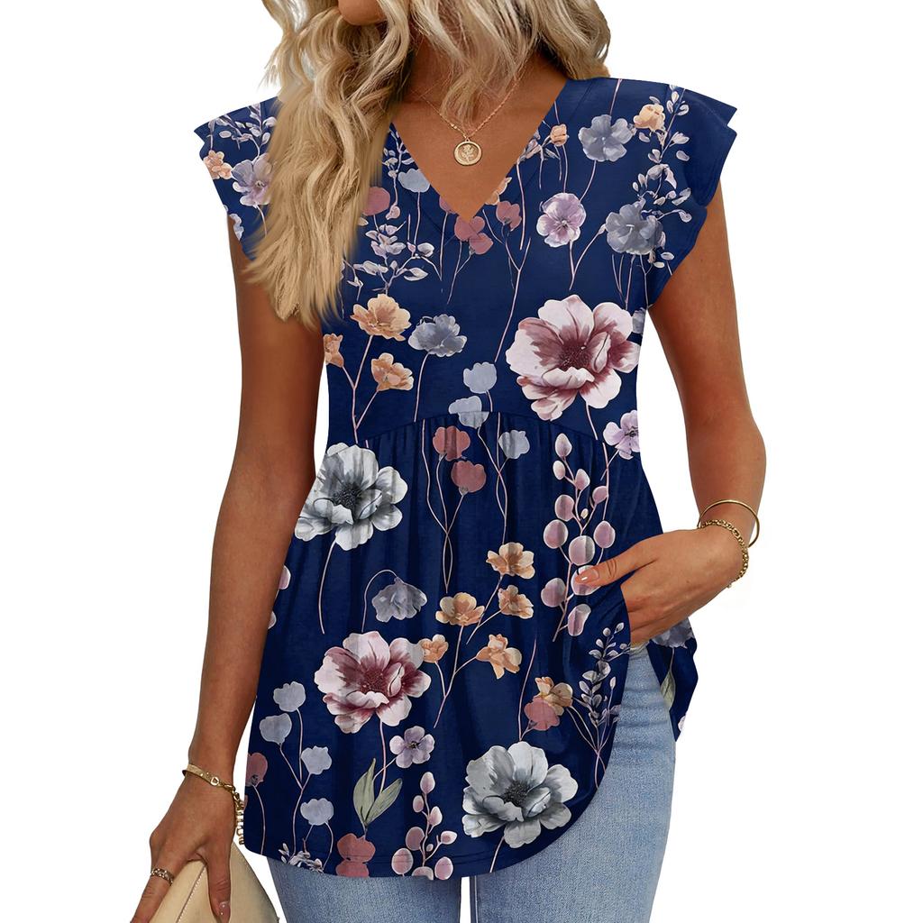 Womens Tops Fashionable V-neck Ruffled Sleeve Short-sleeved T-shirt Business Blouses