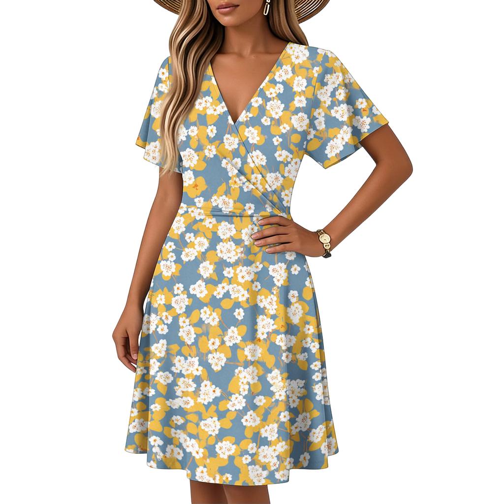 Women's Horn Sleeve Short Sleeve Casual Dress Plant Floral Print V-Neck Dress