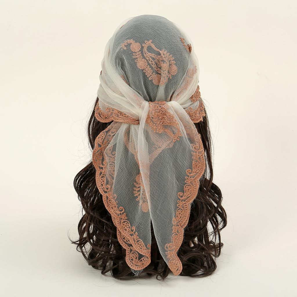 Modegarn Quadratischer Schal Blumenstickerei Spitze Stirnband Sommer Atmungsaktiges Bandana Für Frauen Eleganter Turban Haarwickel 80*80cm