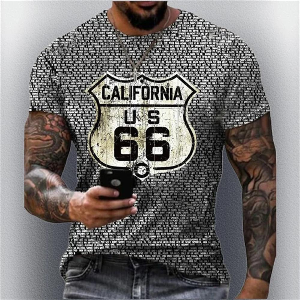 Horký výprodej Letní pánské oblečení Pánské oversized krátkorukávové tričko Pánské 3D tištěné Klasický retro krátkorukávový top Tričko Route 66