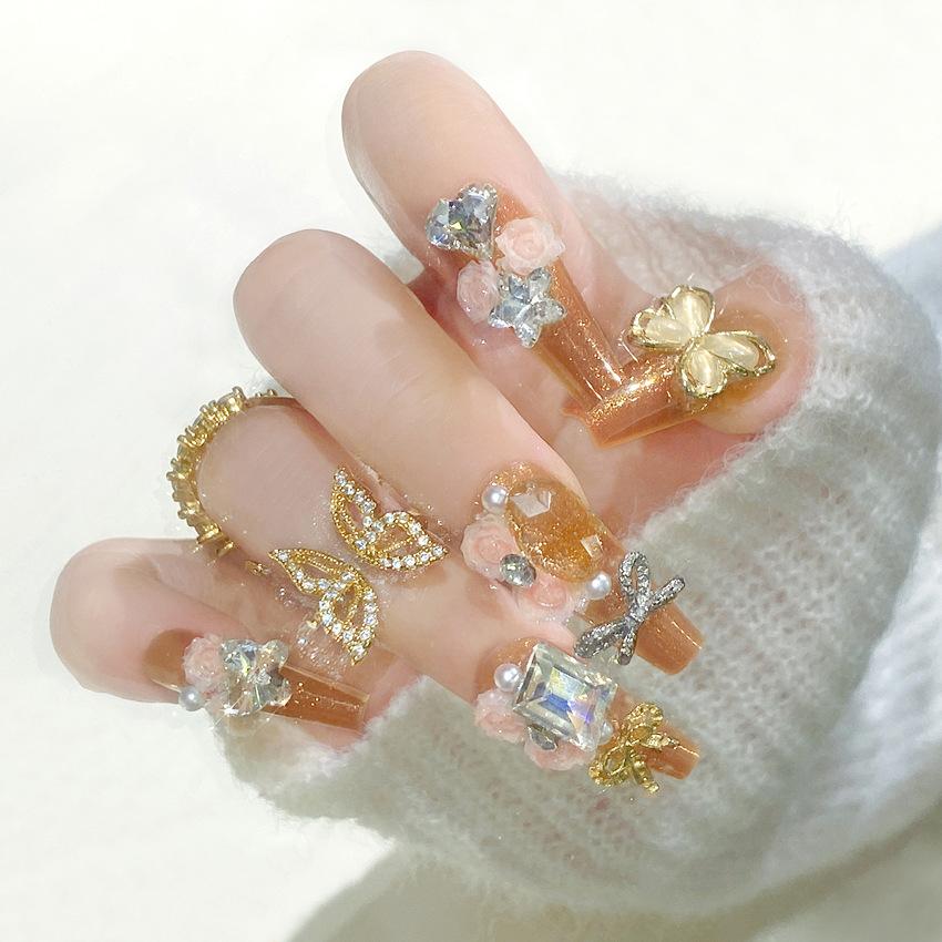 Medium Coffin Press On Nails with Rhinestones Designs Reusable Full Cover Glue On Fake Nails Press Ons Artificial False Nails Stick On Nails for Women