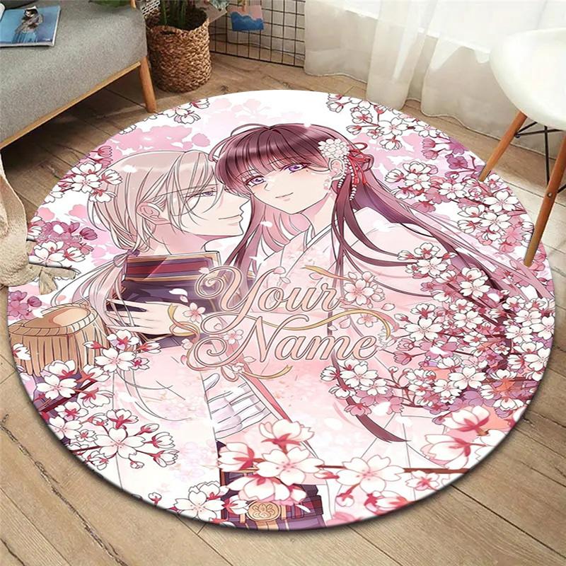 Cherry Blossom Journey Custom Name Round Area Rug Carpet Rug For Living Room Bedroom Sofa Playroom Decor Nonslip Floor Mat