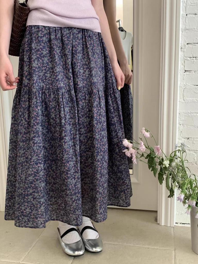 Korean Retro Floral Print Midi Skirt for Women - 2025 Spring/Summer Elastic Waist A-Line Umbrella Skirt