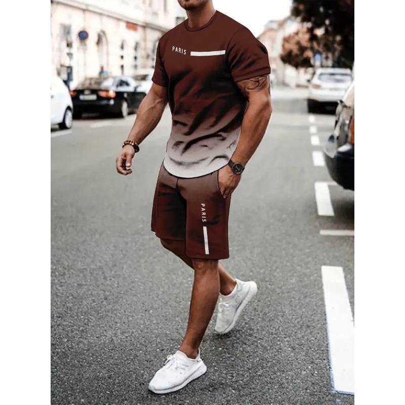 Ensemble Sportif Deux Pièces Imprimé 3D pour Homme T-shirt à Col Rond Couleur Dégradée Hauts à Manches Courtes Shorts Décontractés Fitness