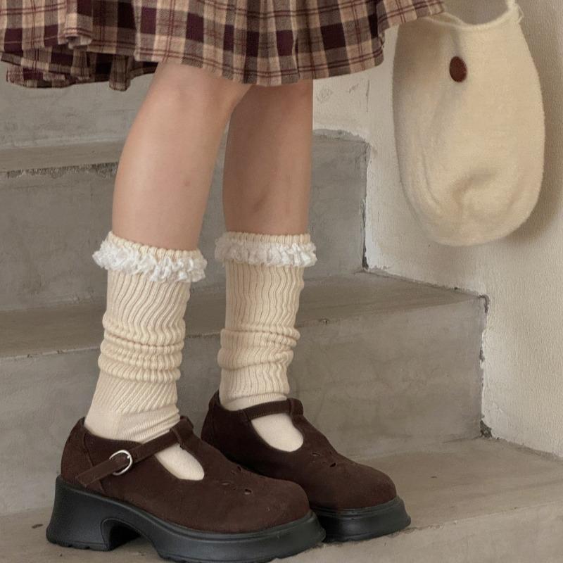 Sweet Lace Vertical Striped Thickened Loop Socks for Warmth In Autumn and Winter, Boneless Pile Socks for Women