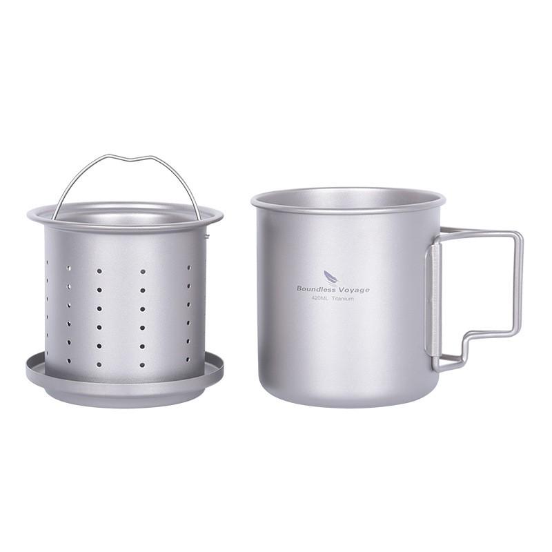 Pure Titanium Travel Tea Mug With Filter Folding Handle 420ml Portable Single Layer Infuser Cup Camping Hiking Outdoor Use