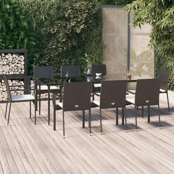 VidaXL Garden Dining Furniture 9pcs and Cushions Black Wicker 3185124