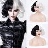 Nová Cosplay paruka CRUELLA De Vil Napůl bílá Napůl Černá Syntetické krátké vlnité paruky s ofinou Pro ženy Tepelně odolné přírodní vlasy