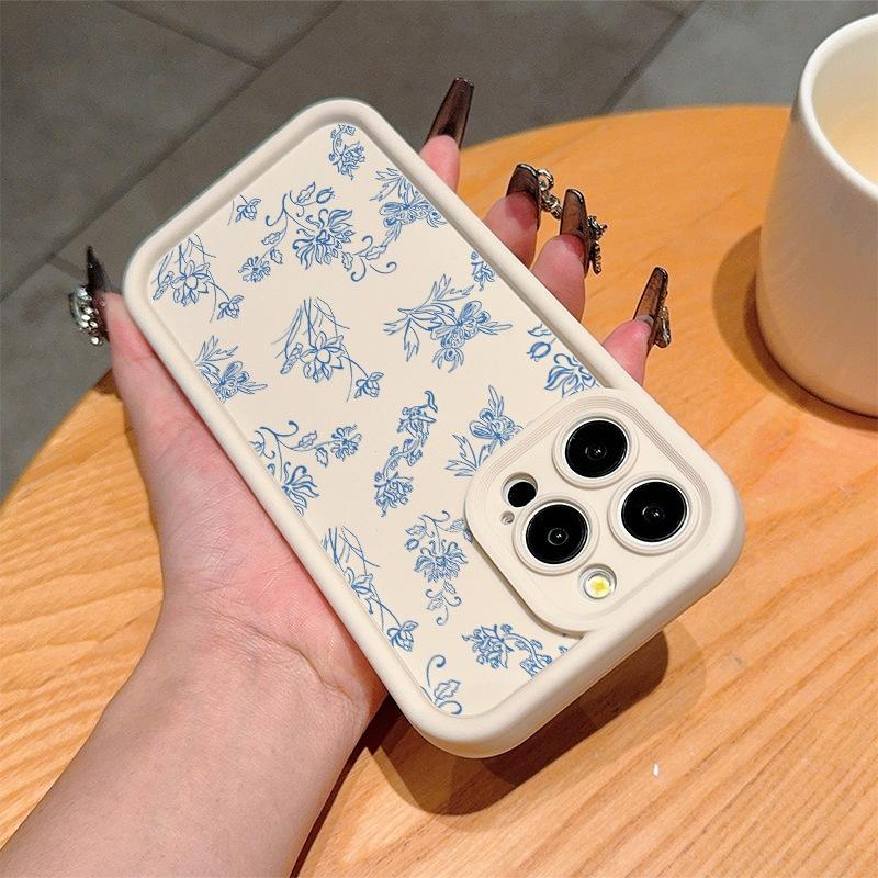 Simple blue line flowers and plants are suitable for Apple 16/15/14 promax mobile phone case 13/12 soft xr/xs anti-drop 11