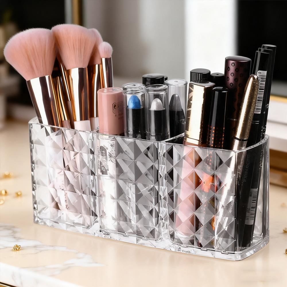 Small 3 Slot Makeup Caddy Desk Organizer for Eyebrow Pen Lipstick Eyeliner And Pens Clear Plastic Makeup Holder for Vanity Desk
