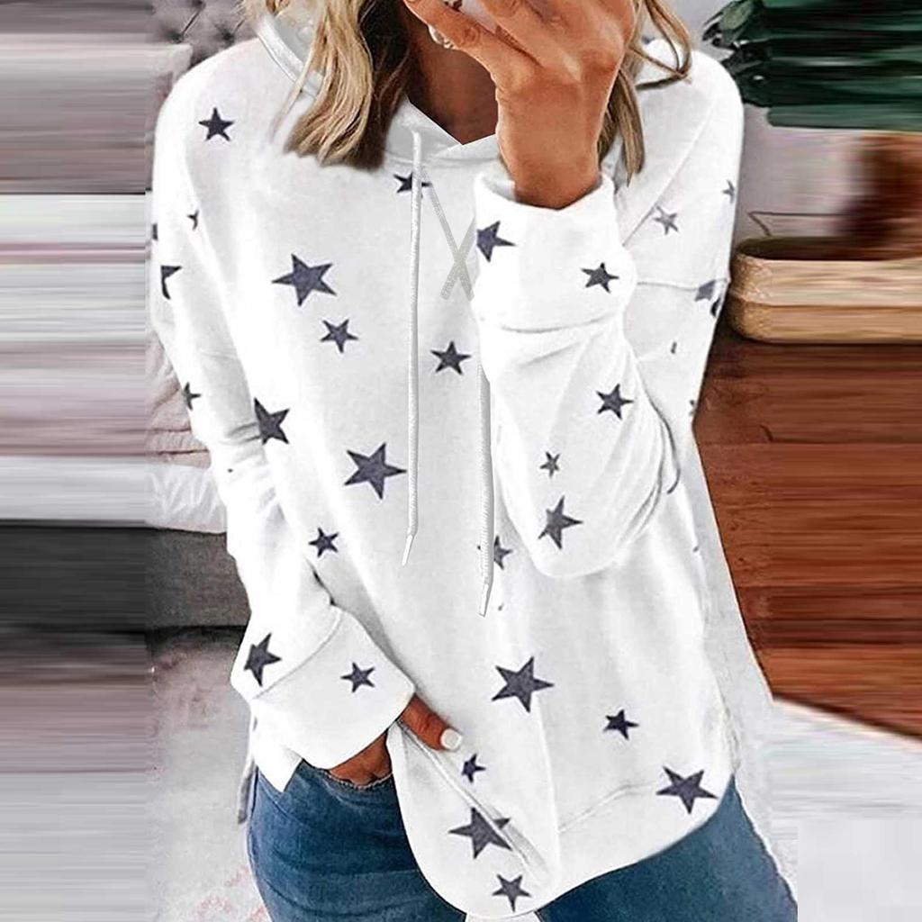 Women Fashion Hooded Star Print Patchwork Long Sleeves Tops Blouse Sweatshirt