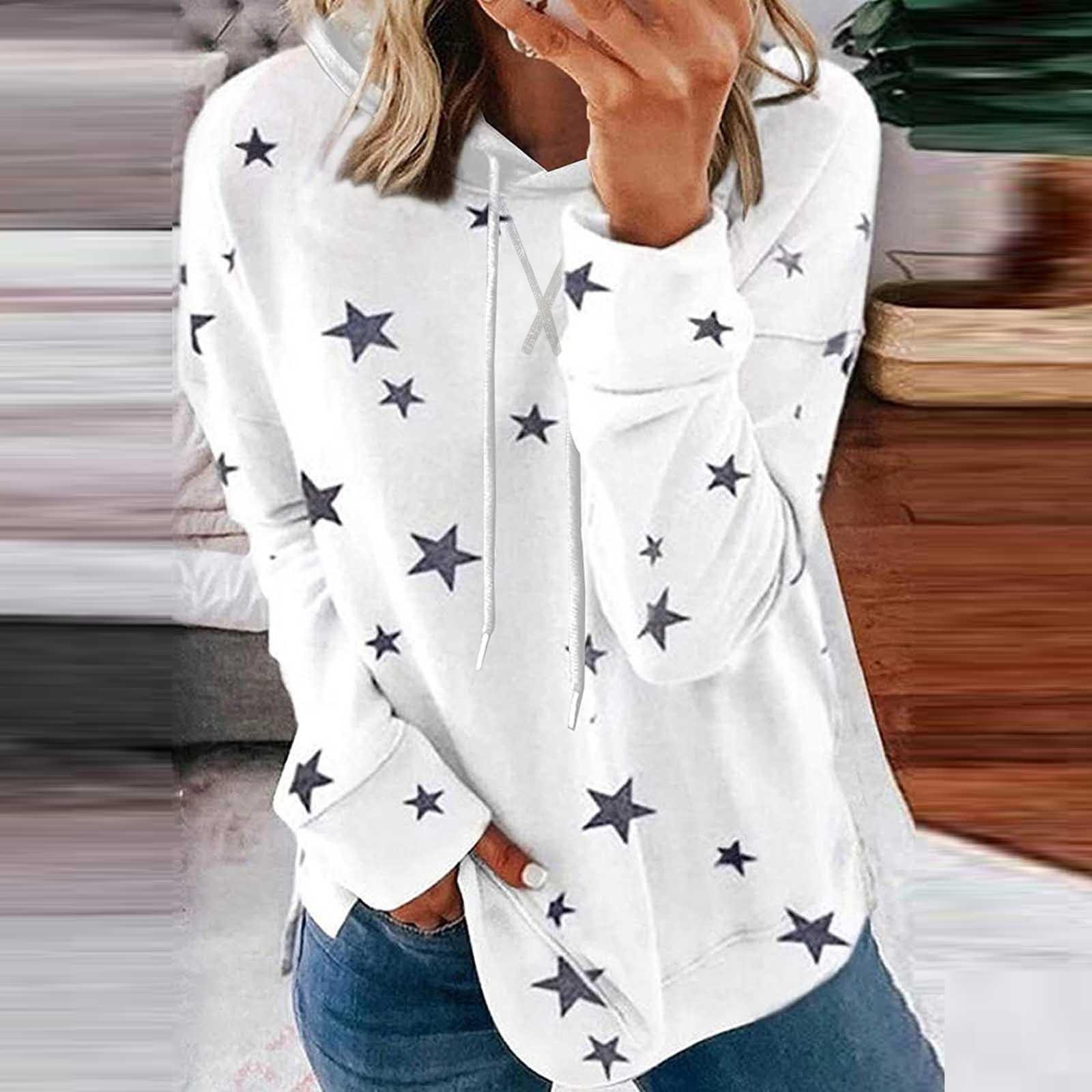 

Женская мода с капюшоном и звездным принтом в стиле пэчворк, топы с длинными рукавами, блузка, толстовка S белый
