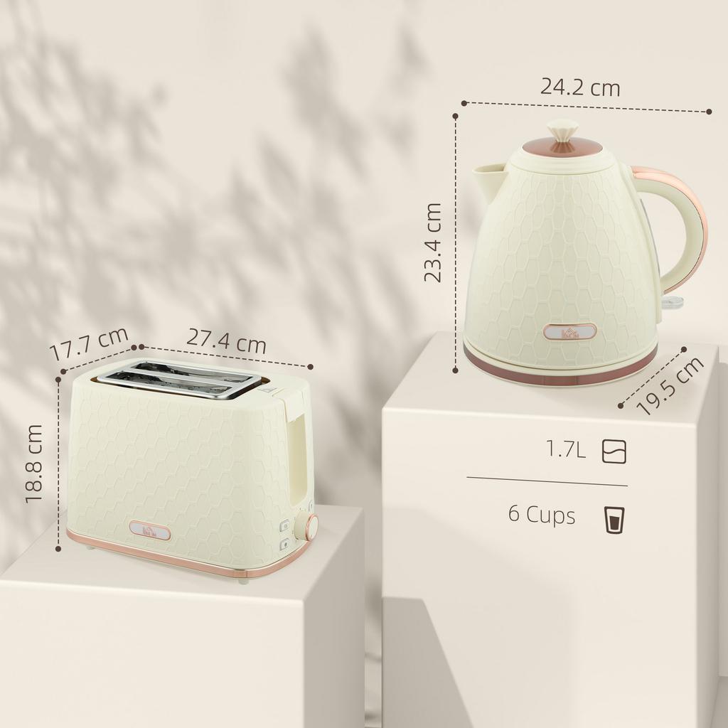 1.7L 3000W Fast Boil Kettle & 2 Slice Toaster Set, Kettle and Toaster Set with Auto Shut Off, Browning Controls, Beige