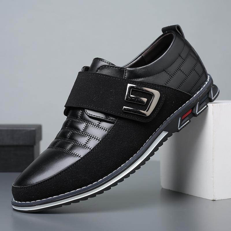 Fashion Outdoor Large Size Men's Casual Velcro Shoes Large Size Men's Casual Anti-Slip Leather Shoes with Embroidery for Convenience Comfortable Shoes