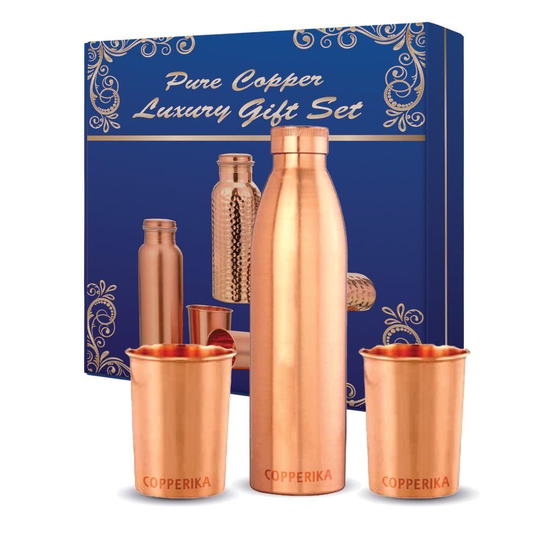 

Classic Diwali Gift Set Copper Water Bottle litre 1000ml + Copper Glass (Pack of 2-300ml Each) Original Heavy Build