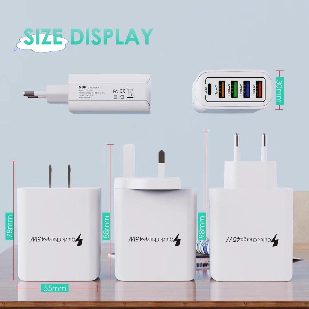 EU Standard Multi-Functional Charger: 4A+1C Ports, 3.1A, 45W Type-C Power Supply