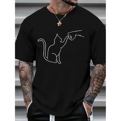 Cat High-Five Line Art T-Shirt,Soft Breathable & Fade-Resistant, Classic Fit for Daily Casual Wear