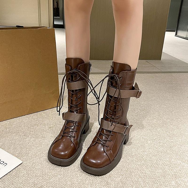 Fashion Black British Style Leather Mid Calf Shoes Woman Chic and Elegant Comfortable Boot On Offer Waterproof Half High Boots for Women