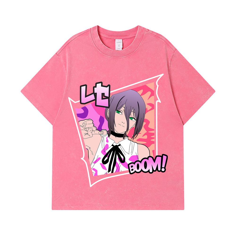 275 GSM Washed T-shirts 100% Cotton Chainsaw Man V53 Reze Print Unisex Heavy Cotton T Shirt