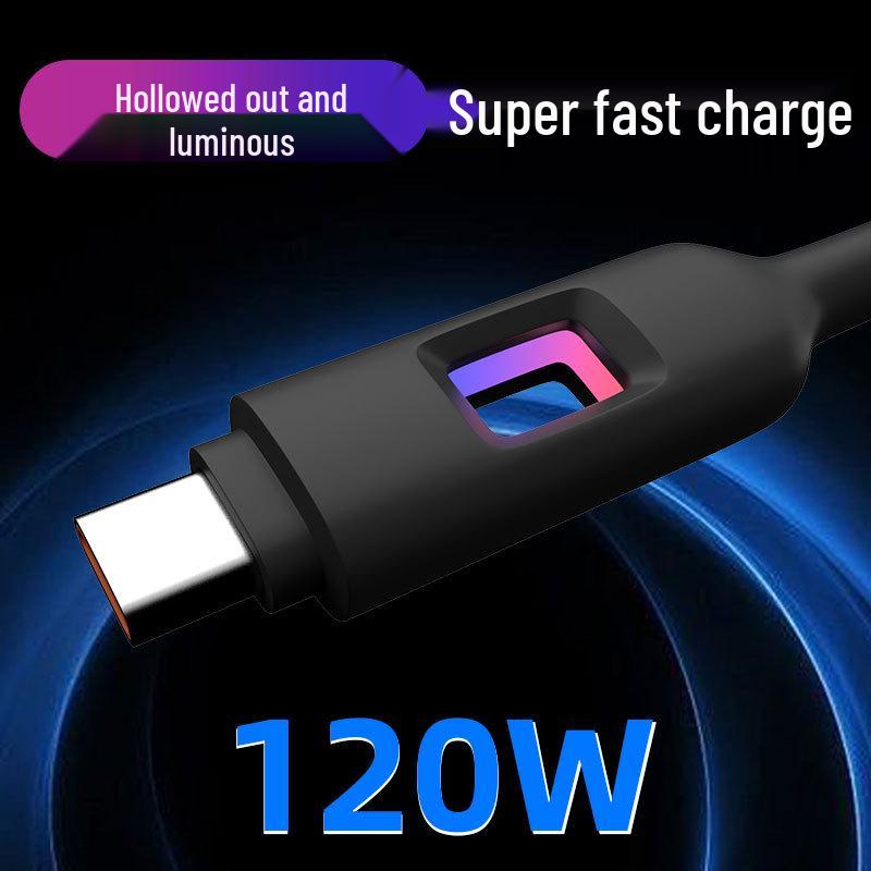 

Кабель Kirin Dragon 120W для быстрой зарядки Type-C с цветной подсветкой для Redmi, Xiaomi, Huawei - Плетеный дизайн Hollow Colorful Light Braided Black 1m