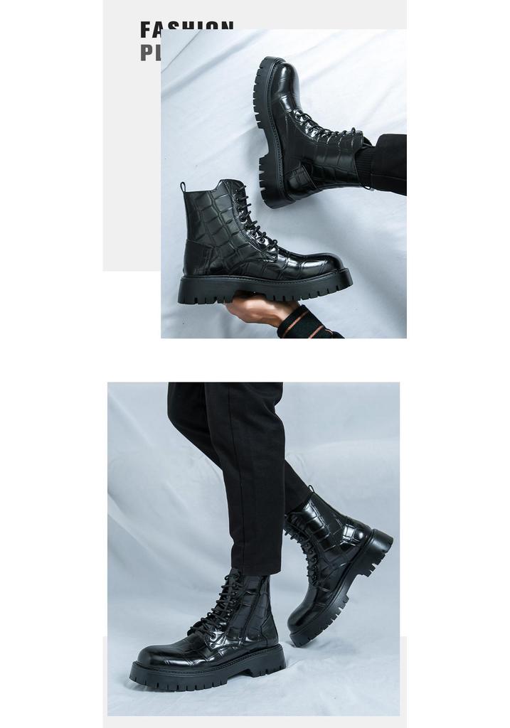Men's British-Style High-Top Leather Boots: Autumn/Winter Martin Boots with Thick Soles & Lace-Up Design.