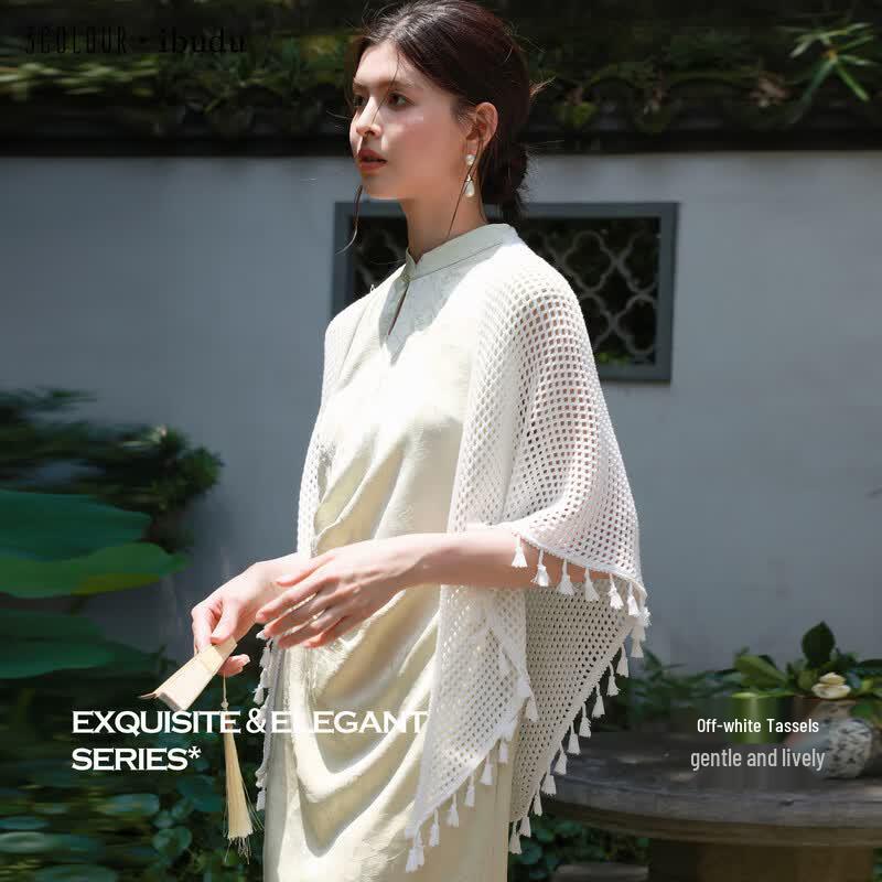 SanCai 2026 New Off-White Hollow Knit Tassel Triangular Shawl One Size грязно-белый