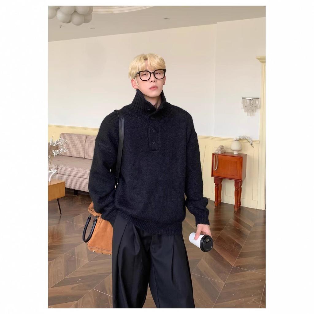Men's Korean-Style Half-High Collar Textured Knit Sweater - Loose Fit for Autumn/Winter