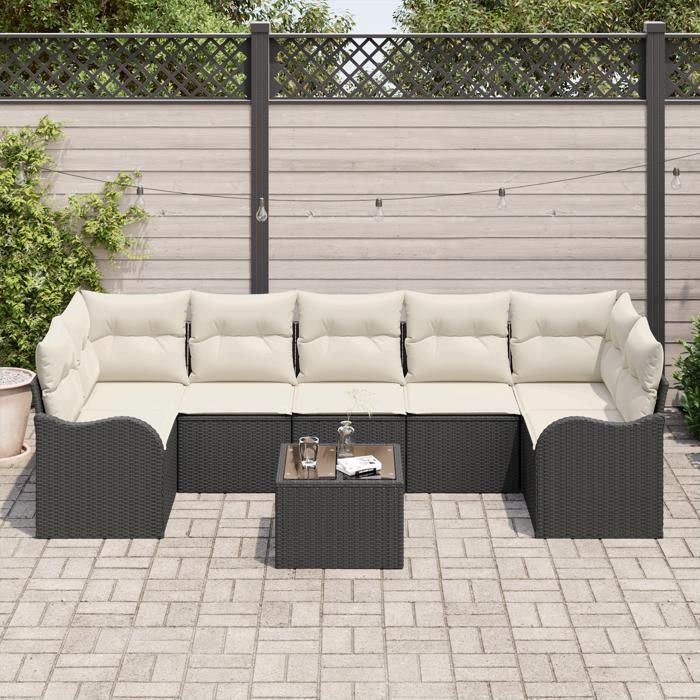 Ensemble de canapé de jardin 8 pièces vidaXL avec coussins en rotin noir, Canapé de jardin 2 places vidaXL avec coussins 3345617