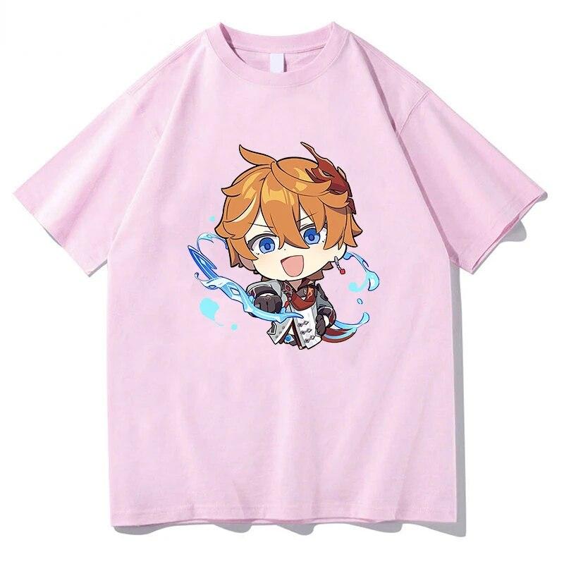 Summer Cozy Soft Casual Tops Tartaglia T-shirt Genshin Impact - Chibi Childe Couple 100%Cotton Cute Cartoon Print Women Shirt