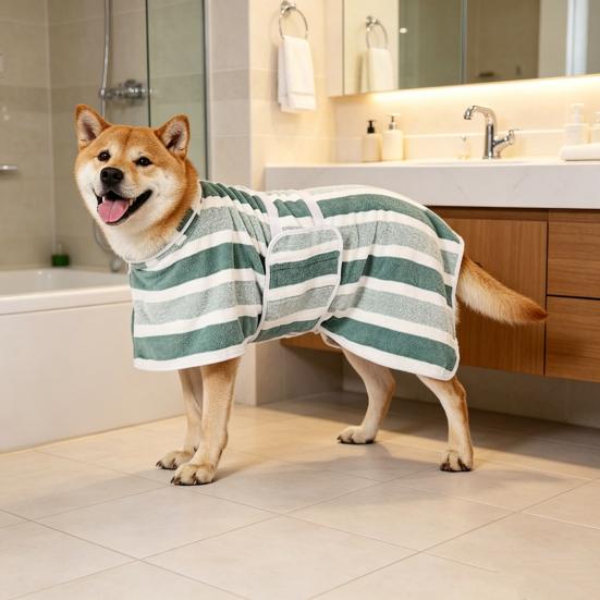 Quick-Drying Dog Bathrobe Striped Dog Wrap Towel with Belly Band Super Absorbent Pet Grooming Towel Robe for Dogs After Bath Machine Washable