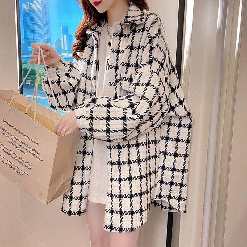 

Mid Length Long Length Spring and Autumn Plaid Jacket Shirt White M (40-60kg Wear)