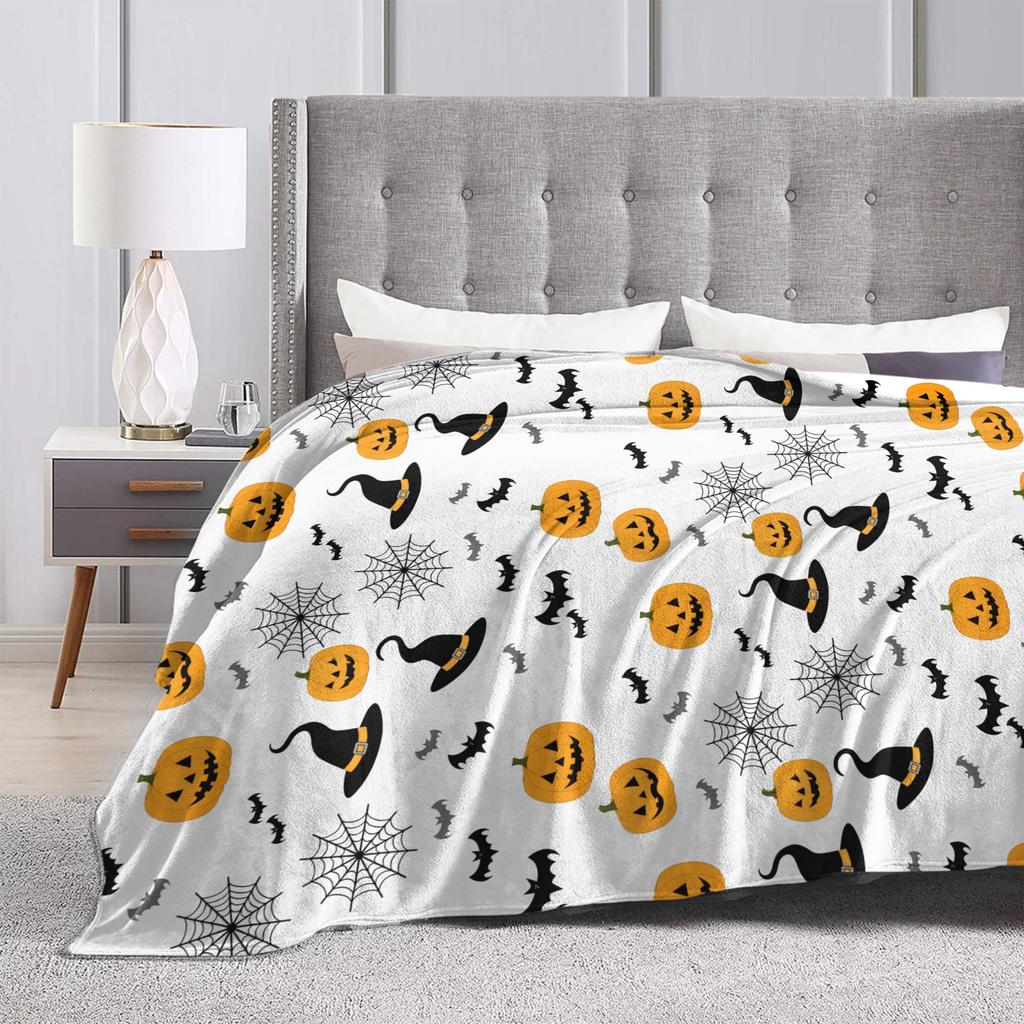 Halloween Blankets Fleece Textile Decor Witch Hat Black Bat Pumpkin Breathable Soft Throw Blanket for Bed Outdoor Quilt