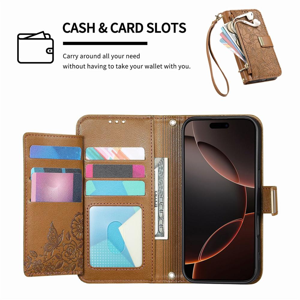 Phone Wallet Case with 6 Card Slots, Zip Coin Pocket, Stand for Hands-Free Viewing & Wrist Strap, Floral Design for OPPO VIVO Xiaomi Redmi Google