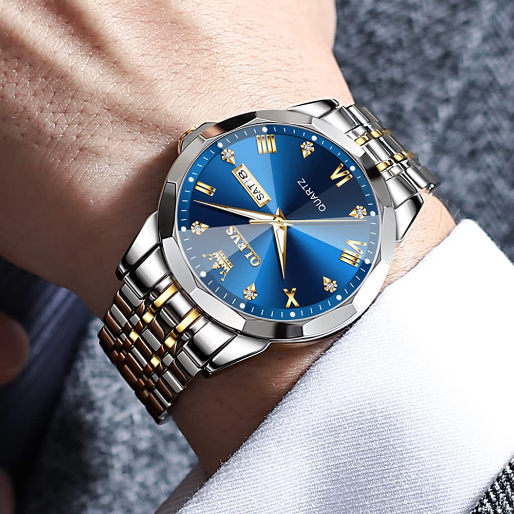 OLEVS Men's Stylish Quartz Watch, Waterproof, Simple Design, Diamond-Like Dial, Stainless Steel Band, Date Display, Luminous Design, Blue