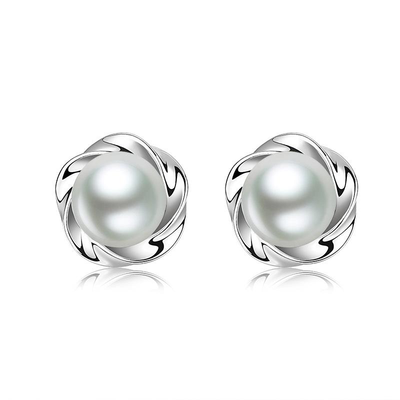 Silver Color Pearl Stud Earrings Flower Design Earrings For Women Jewelry New