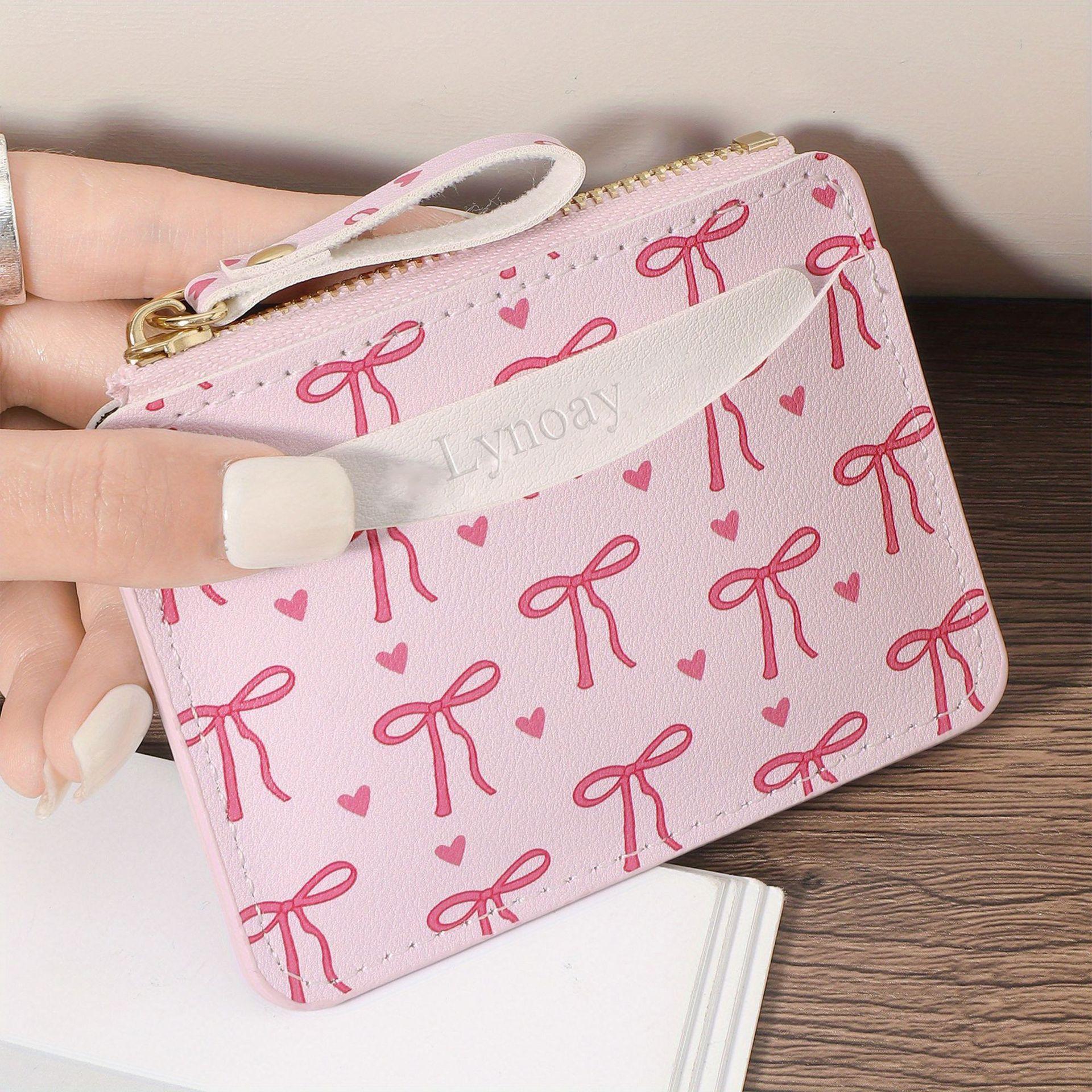 Ultra-Slim Women s Card Holder Mini PVC Zipper Wallet with Cute Bow and Heart Pattern