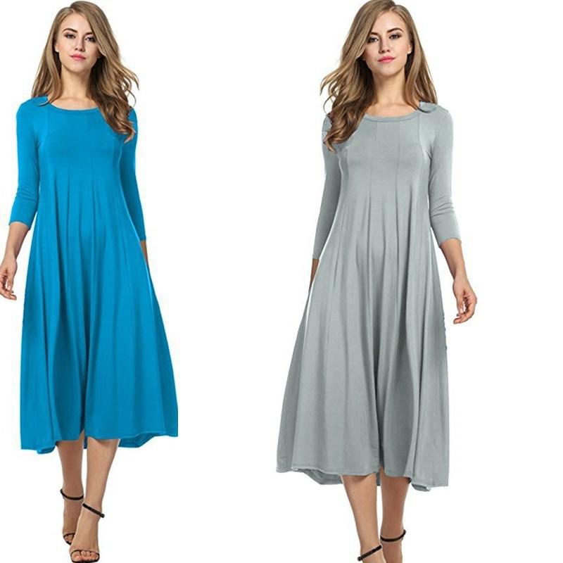 Round Neck Mid-sleeve Solid Color Swing Dress Fashion Temperament Elegant Women's Clothing