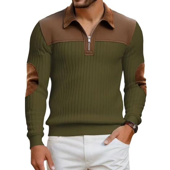 Herr Quarter Zip Tröja Långärmad Nedvikbar Krage Pullover Färgblock Jacquard Sweatshirt med Armbågslappar för Street Daglig Användning