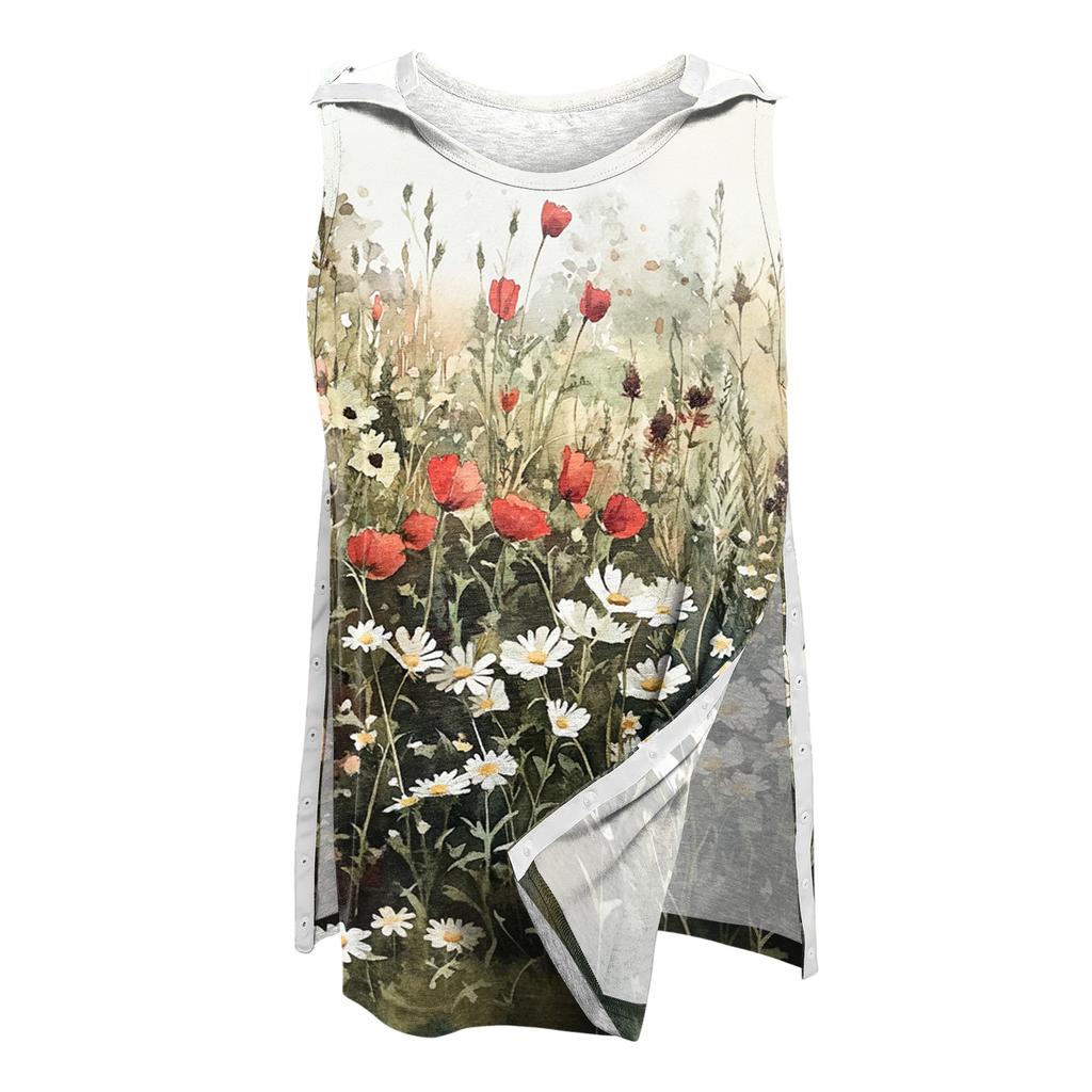 Women Shoulder Surgery Shirt Sleeveless Floral Print Top with Snap Buttons and Adjustable Cuff Design Postoperative Recovery Garment