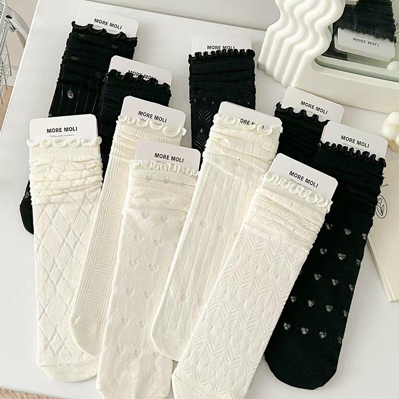 Jk Stacking Socks Solid Color Simple Ins Tide Sweat Absorbing Medium Tube Socks Breathable Sweet Japanese Lace Socks