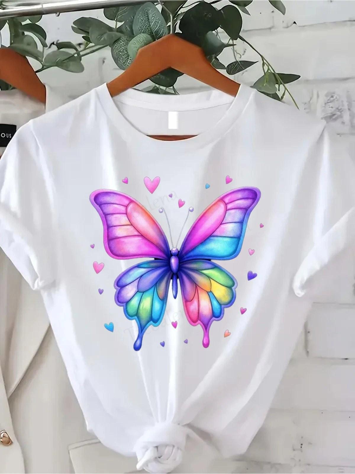 Butterfly Heart Watercolor Graphic Tee Womens T-Shirt Colorful Summer Casual S