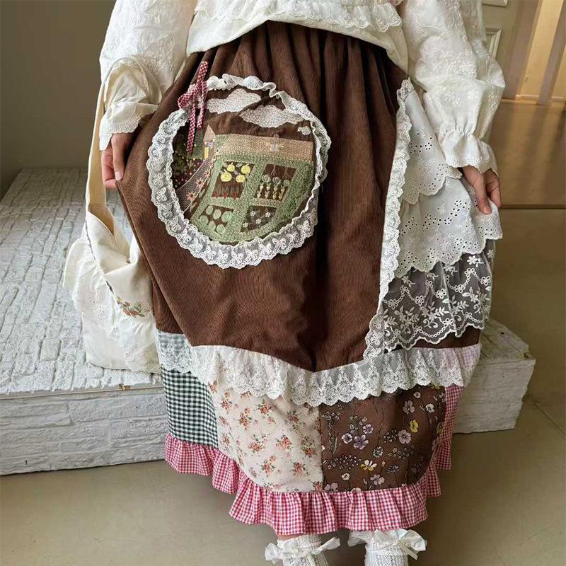 Retro Forest Corduroy Irregular Patchwork Embroidered Lace Midi Skirt - Fleece-Lined for Autumn & Winter