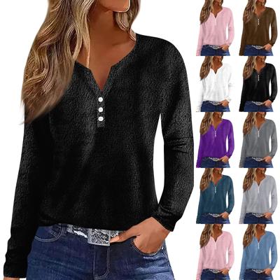 Women's Fashion Casual Solid Colour V-Neck Long Sleeve Button Down T-Shirt Top