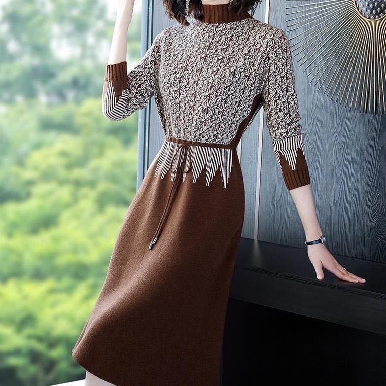 Autumn and Winter Knitted Dress Women's Waist-cinching and Stylish Knitted Sweater Dress Casual Half Turtleneck Sweater
